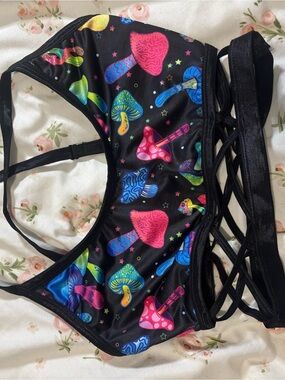 Women’s Black Neon Mushroom Strappy Bralette